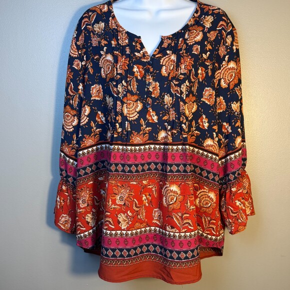 N Touch Tops - N Touch Boho Floral Border Print Peasant Blouse Size Large